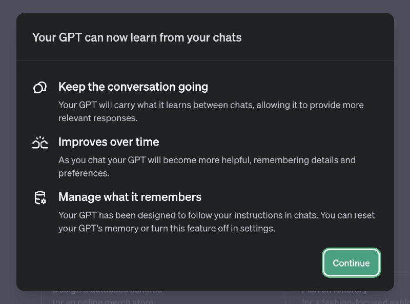 ChatGPT 更新了个性化学习功能1. 从用户聊天中学习，记住偏好和细节，提供定制化回应2. 随着用户交流，效率和回应质量逐渐提高3. 用户可管理 GPT 记忆，包括重置或关闭此功能4. 用户通过对话指导 GPT 学习新内容或确认其所记信息，例如询问“你知道关于我什么？”或“记住，我喜欢简洁的回应