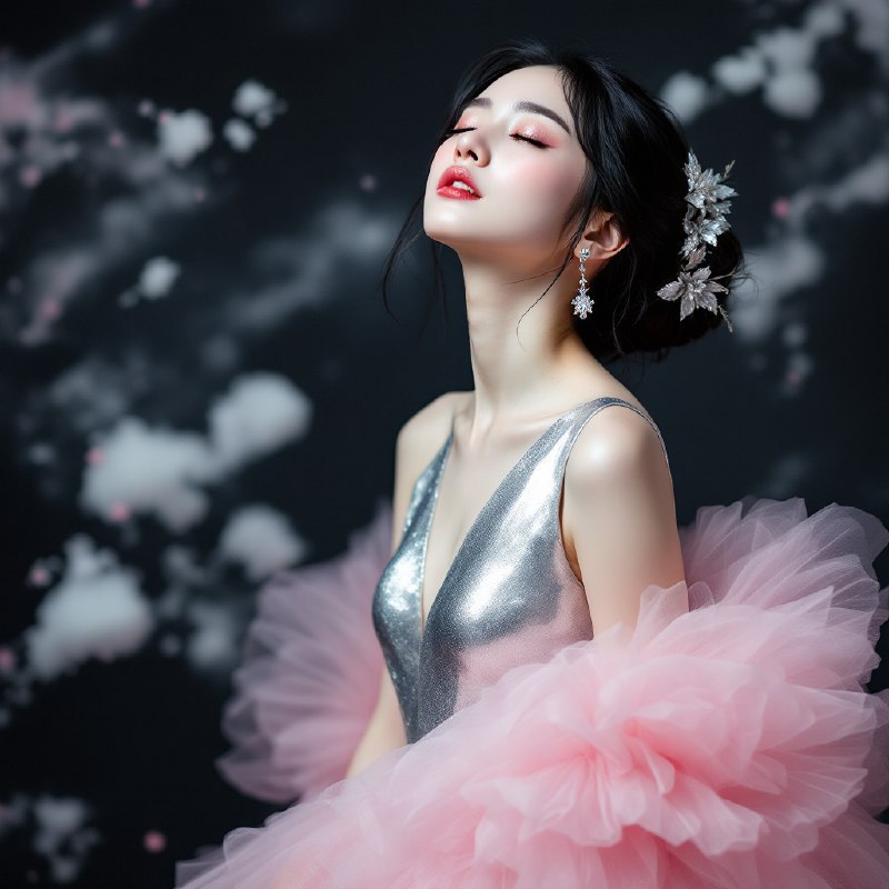 Prompt ✏️: Photo of a young Asian woman with pale skin and black hair styled in a bun with a silver flower accessory. She is wearing a shiny, metallic silver dress with a pink, flowing, cloud-like skirt. The background is dark and abstract, with splashes of white and pink. The woman has a serene expression, with her eyes closed and her head tilted back. She is wearing delicate, dangling earrings. The lighting is soft and diffused, creating a dreamy atmosphere. The photo is high quality and has a fashion editorial feel.Model 🖼: flux pro📢 频道 ✈️ 群聊 📬 投稿 💵 商务via AI绘画｜AI视频 | AI音乐 - Telegram Channel