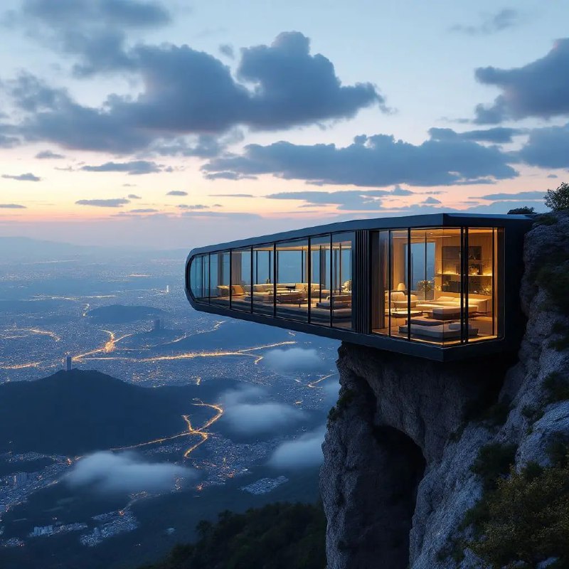 Prompt ✏️: Photograph of a futuristic glass house suspended high above a cliff, with a vast landscape and city below, taken at dusk with a blue sky and clouds, wide shot, sleek and modern design, large windows, lit up interior, minimalistic furniture, sleek and modern architecture, high quality, no watermark, no jpeg artifacts, no people, no watermarks, no text, no logos, no signature, no compression artifacts, no noise, no grain, no blur, no motion, no motion blur, no motion artifacts, no motion blur, no motion artifacts, no motion blur, no motion artifacts, no motion blur, no motion artifacts, no motion blurModel 🖼: flux pro📢 频道 ✈️ 群聊 📬 投稿 💵 商务via AI绘画｜AI视频 | AI音乐 - Telegram Channel