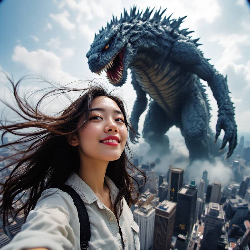 Prompt ✏️: A Young Asian Woman, with hair billowing behind her, is captured candidly with a fisheye lens, taking a selfie with a monstrous kaiju towering over a city, using an Instagram Aesthetic and Kodak Ektar 100 film stock.Model 🖼: flux pro📢 频道 ✈️ 群聊 📬 投稿 💵 商务via AI绘画｜AI视频 | AI音乐 - Telegram Channel