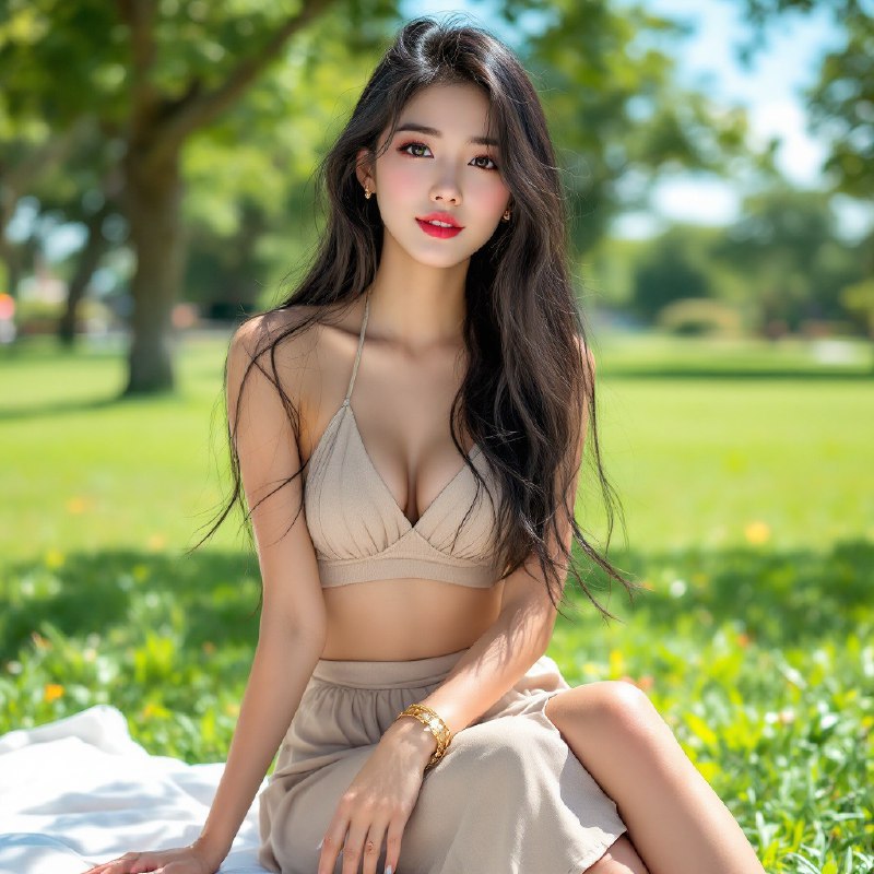 Prompt ✏️: Photo of a young asia woman with long dark hair, wearing a beige halter top and matching skirt, sitting on a white object, bright daylight, green grass, trees in the background, blue sky, relaxed expression, medium close-up, slender physique, fair skin, makeup, gold bracelets, natural lighting, outdoor setting, casual pose, medium breasts, white background, high quality, watermark, long fingernails, looking at the camera, medium shot, high resolutionModel 🖼: flux pro📢 频道 ✈️ 群聊 📬 投稿 💵 商务via AI绘画｜AI视频 | AI音乐 - Telegram Channel