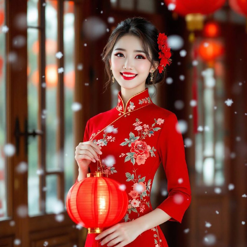 Prompt ✏️: Photo of a woman wearing a red dress with floral embroidery, standing in front of a wooden door with glass panels, wearing a red flower in her hair, holding a red lantern in her left hand, snow falling around her, smiling, red lips, elegant pose, slender physique, medium close-up, high quality, indoor setting, traditional chinese clothing, festive atmosphere, warm lighting, red lanterns hanging in the background, medium shot, jpeg artifactsModel 🖼: flux provia AI绘画｜AI视频 | AI音乐 - Telegram Channel