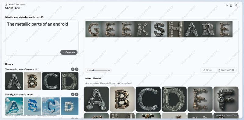 #Google #AI #图像处理 #AI绘画🌐 GenType - Google 推出的 AI 字母生成工具GenType 基于 Google Imagen2 API 构建它可以根据提示词内容生成 26 个字母的创意图片，还可以通过这 26 个字母图片制作各种单词图片📮投稿 📢频道 💬群聊 🔎索引via 极客分享 - Telegram Channel