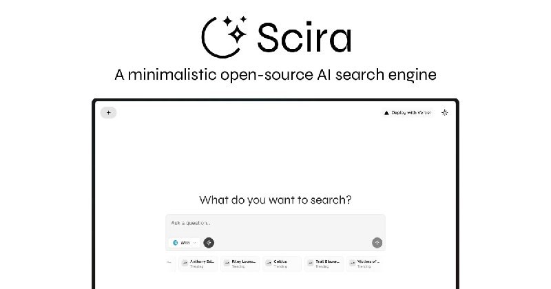 #AI #搜索引擎 #开源🔎 Scira - 是一个简约的 AI 搜索引擎🌐 在线体验除了支持 AI 搜索，还有网页、网址搜索、天气查询、代码运行、地图定位、YouTube视频搜索、学术论文搜索、X.com帖子搜索、航班追踪、热门电影和电视剧查询等功能可选 Grok、Claude、DeepSeek 等大模型，支持 Vercel 部署📮投稿 📢频道 💬群聊 🔎索引via 极客分享 - Telegram Channel