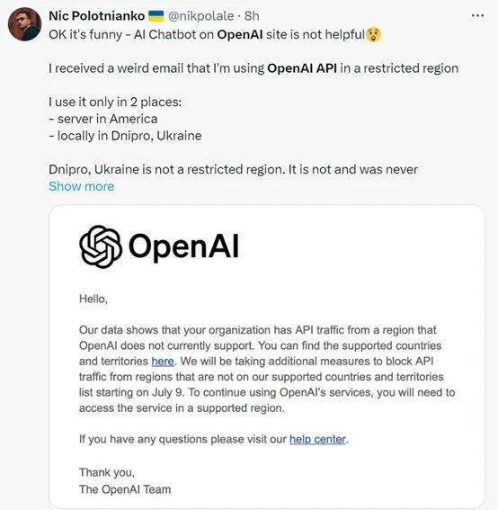 OpenAI停止不受支持国家用户的API，7月9日开始执行6月25日凌晨，有部分开发者收到了OpenAI的信，“根据数据显示，你的组织有来自OpenAl目前不支持的地区的API流量