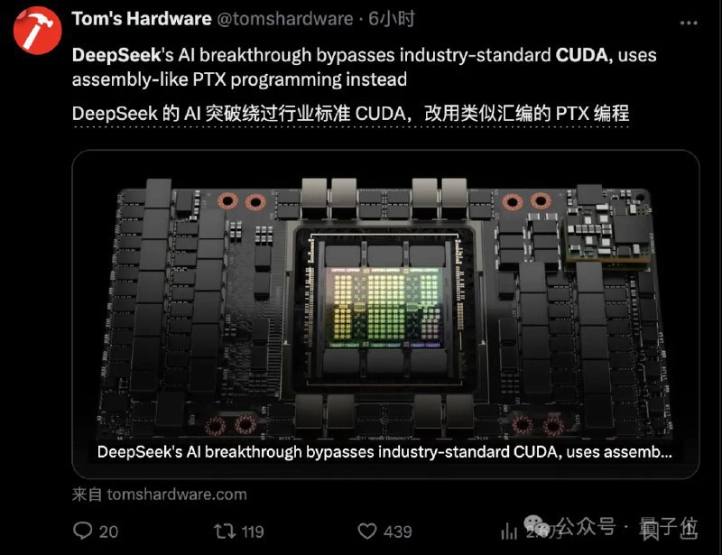 🚀 DeepSeek-V3硬件效率揭秘：PTX优化绕过CUDA限制DeepSeek-V3的硬件效率据称比Meta等高出10倍，关键在于其“从头开始重建一切”