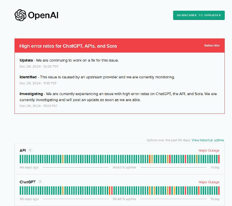 OpenAI崩了，你们的还能用吗？OpenAI statusOpenAI 称此问题是由上游提供商引起的，正在解决📮投稿 ☘️频道 🌸聊天via 科技圈🎗在花频道📮 - Telegram Channel