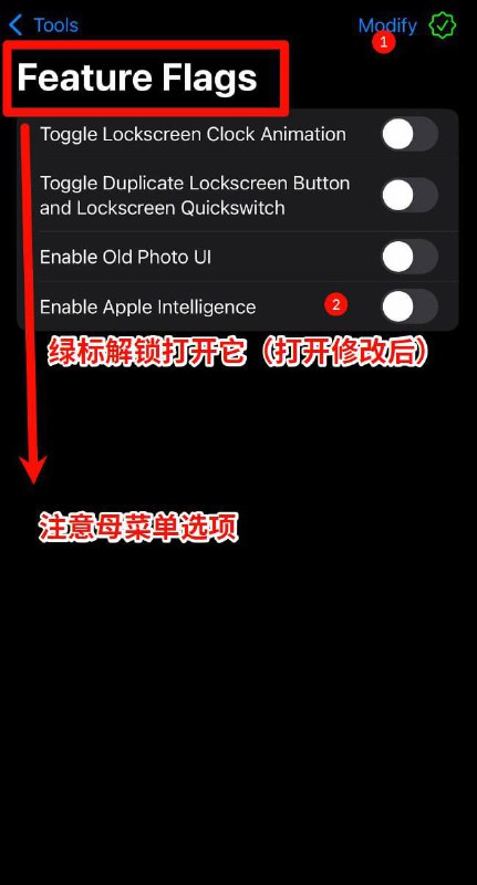 国行Apple设备在iOS 18.2使用Apple Intelligence二、需要在Apple设备上完成的操作4.打开Wireguard，将 此链接 下载的配置文件导入Wireguard、开启VPN开关（见图1）；5.前往设置授予Nugget网络权限后，打开Nugget 导入.mobiledevicepairing后缀的文件（见图2），然后选择底部的“Tools”按钮，进入“Mobile Gestalt”界面后点击右上角的“Modify”按钮解锁选项开关，将“Disable Region Restrictions (ie.Shutter Sound)”开启（见图3），接着回到上一页，进入“Feature Flags”界面后点击右上角的Modify解锁选项开关，将“Enable Apple Intelligence”开启（见图4）；8.回到Nugget App首页点击“Apply Tweaks”后即可应用并重启设备（见图5）